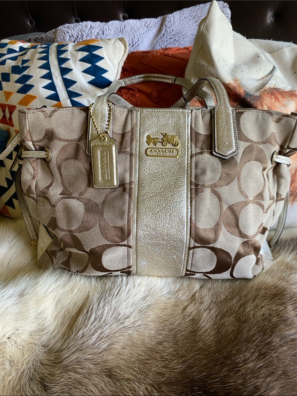Coach Signature Tote in Tan and Gold Metallic Trim